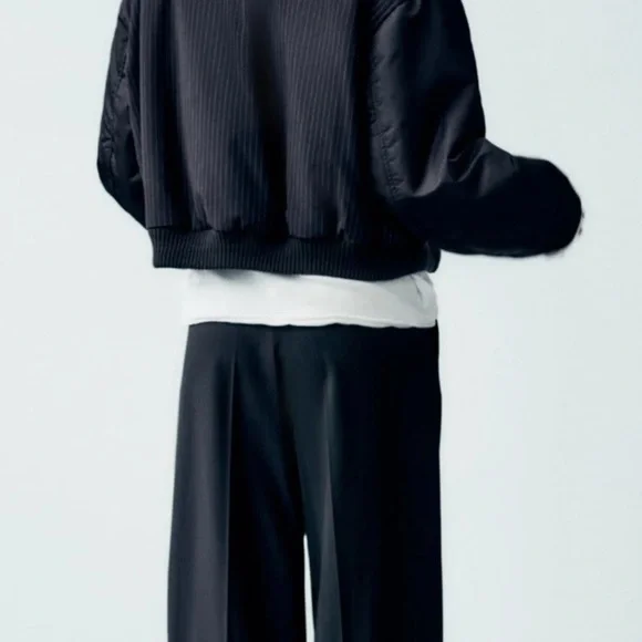 ZARA Black Bomber Jacket with Zipper Details & Pinstripe Back - Picture 5 of 7